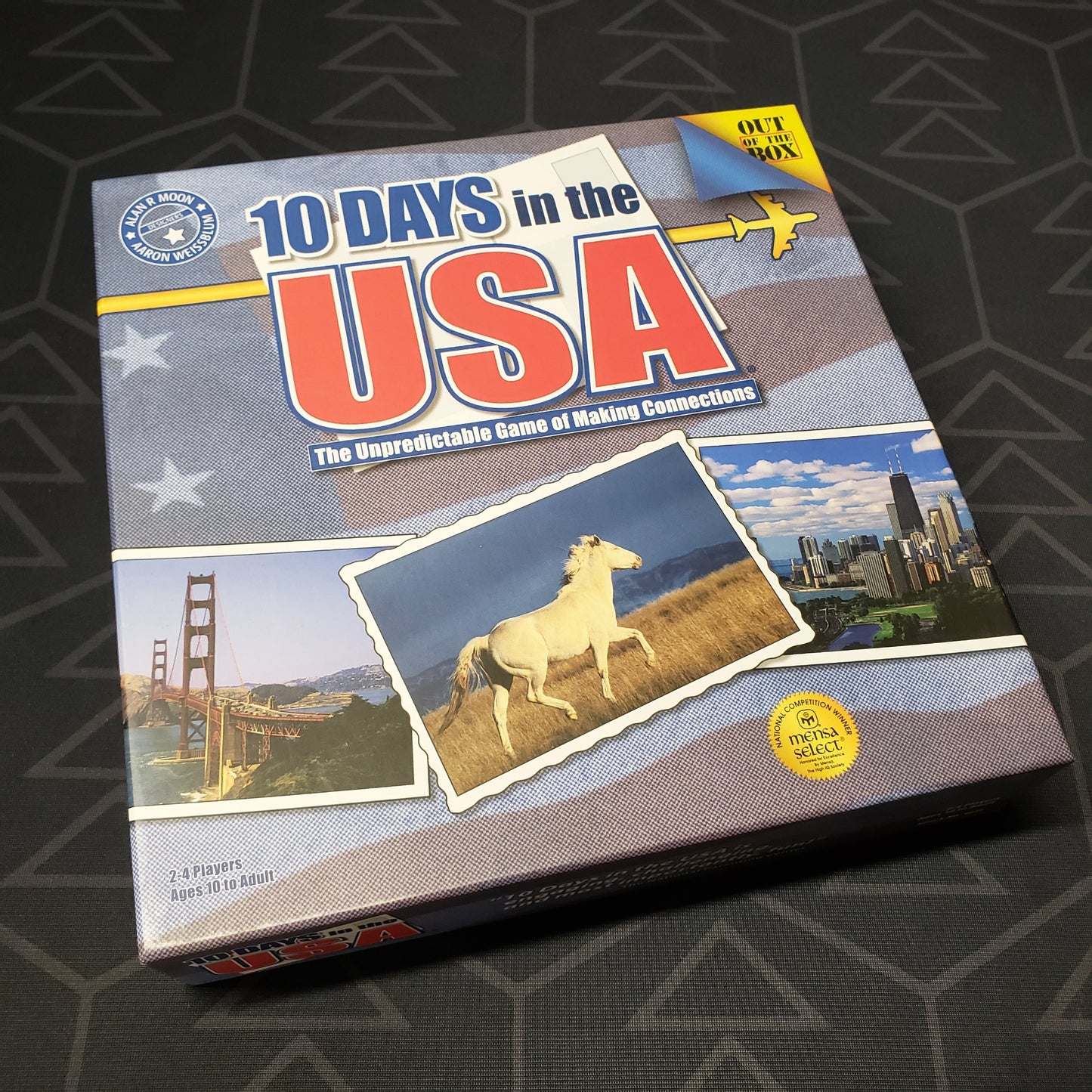 Image shows the front cover of the box for the 10 Days in the USA board game