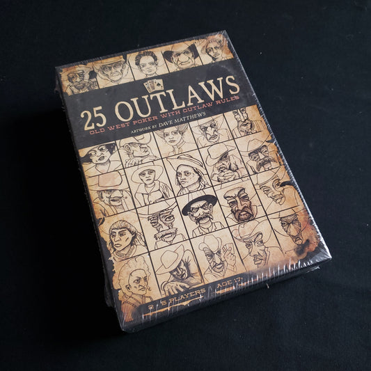 Image shows the front cover of the box of the 25 Outlaws card game
