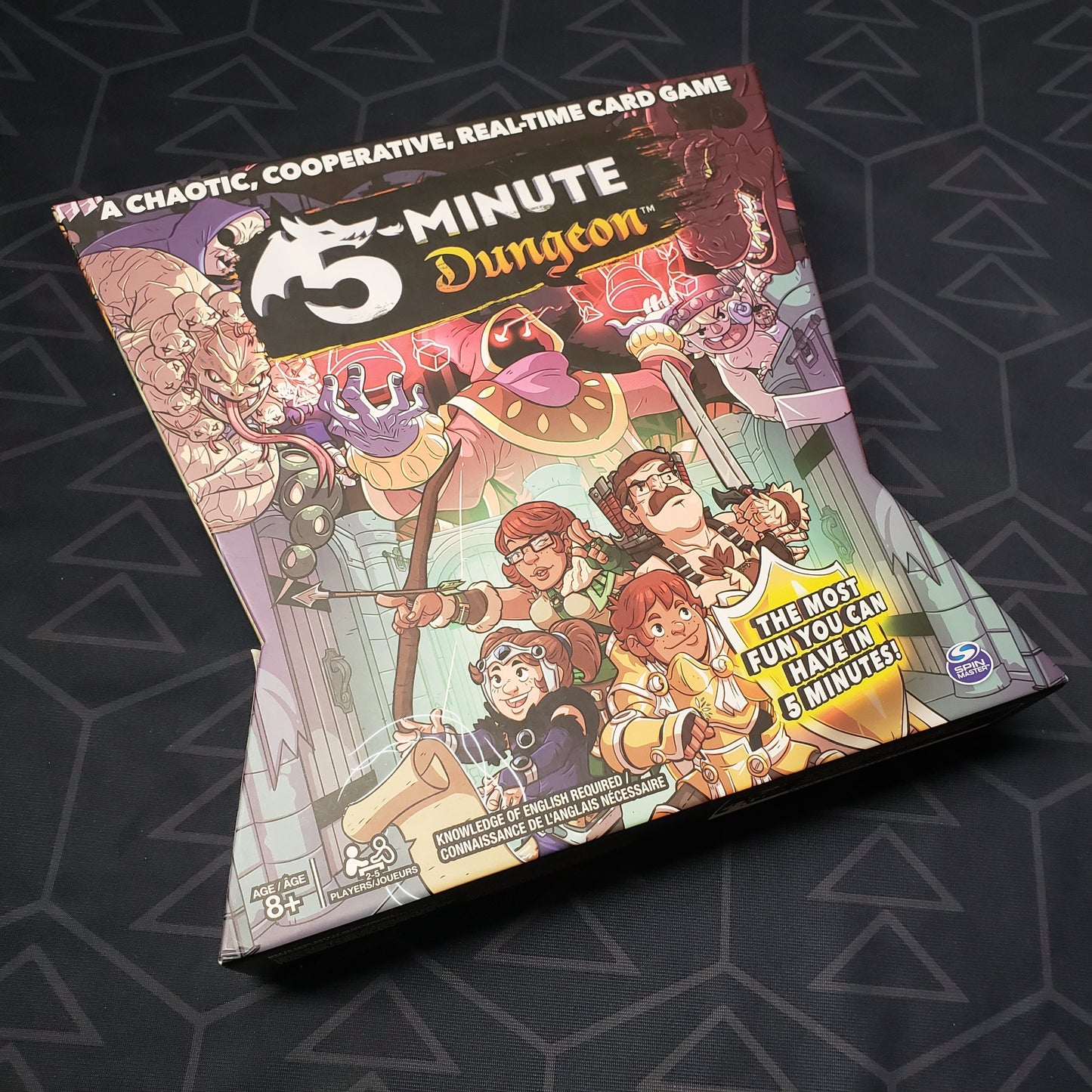 Image shows the front cover of the box for the 5-Minute Dungeon card game