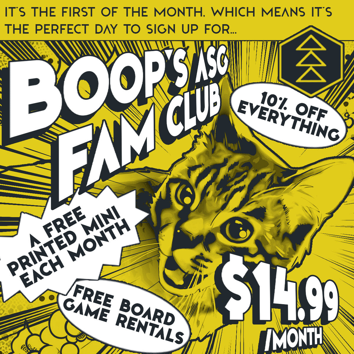 Images shows an excited cat surrounded by action word bubbles that display the benefits of a subscription program. Image is mostly yellow in a comic-book style.