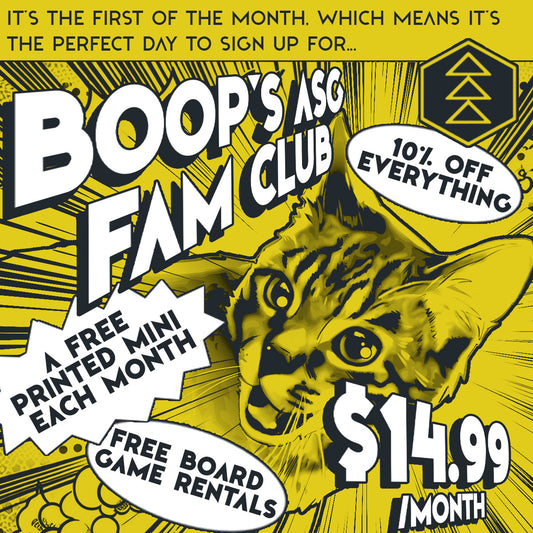Images shows an excited cat surrounded by action word bubbles that display the benefits of a subscription program. Image is mostly yellow in a comic-book style.