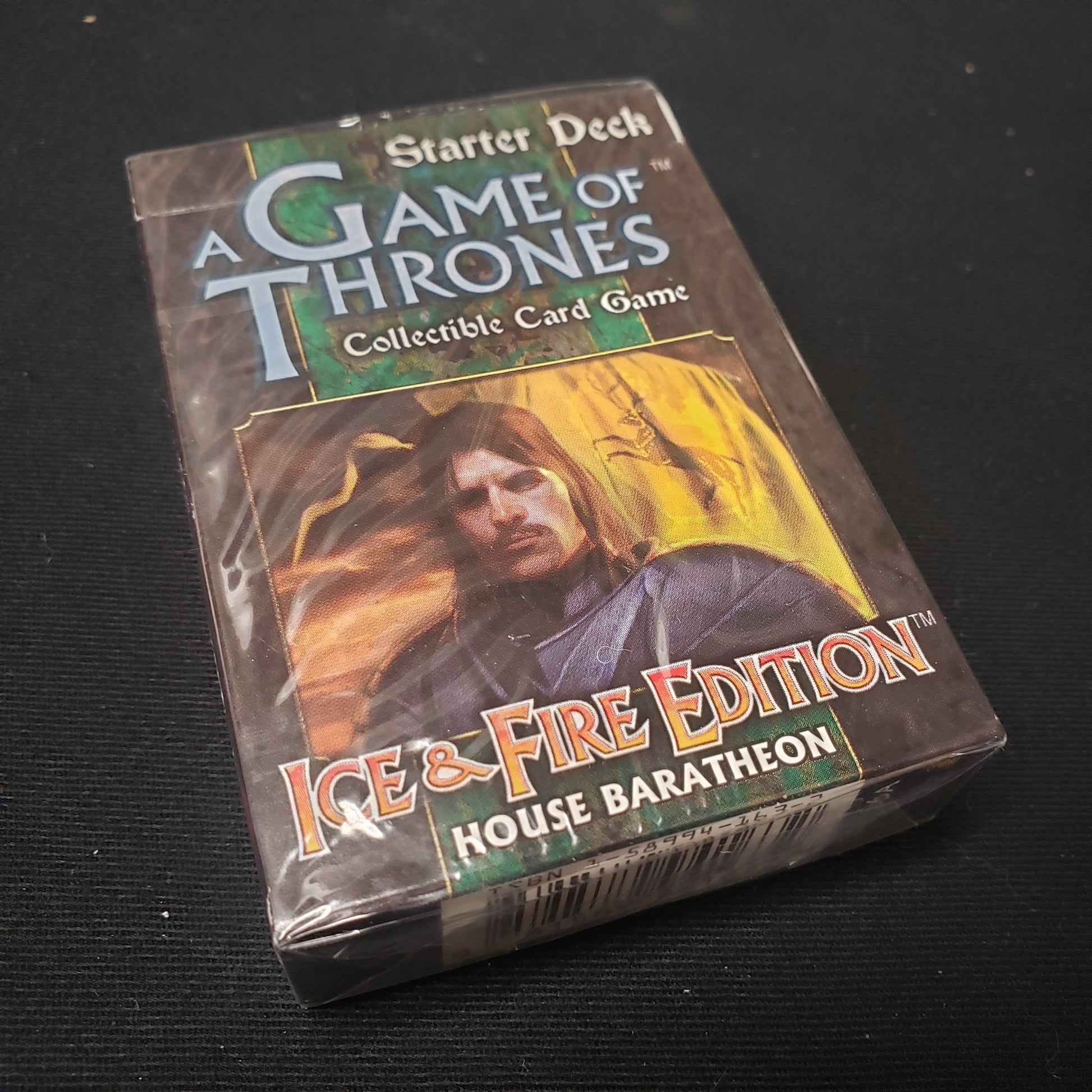 Image shows the front of the box of the House Baratheon Starter Deck for the Game of Thrones Collectible Card Game