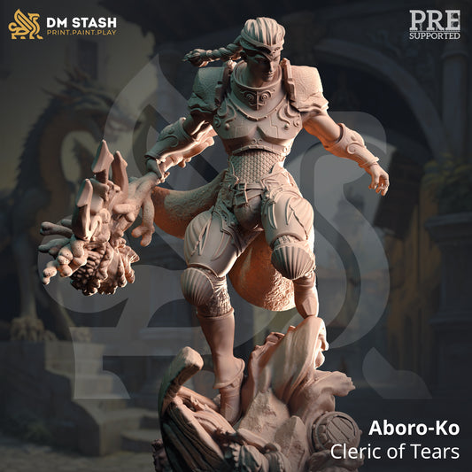 Image shows a 3D render of a pirate cleric gaming miniature holding a large coral staff