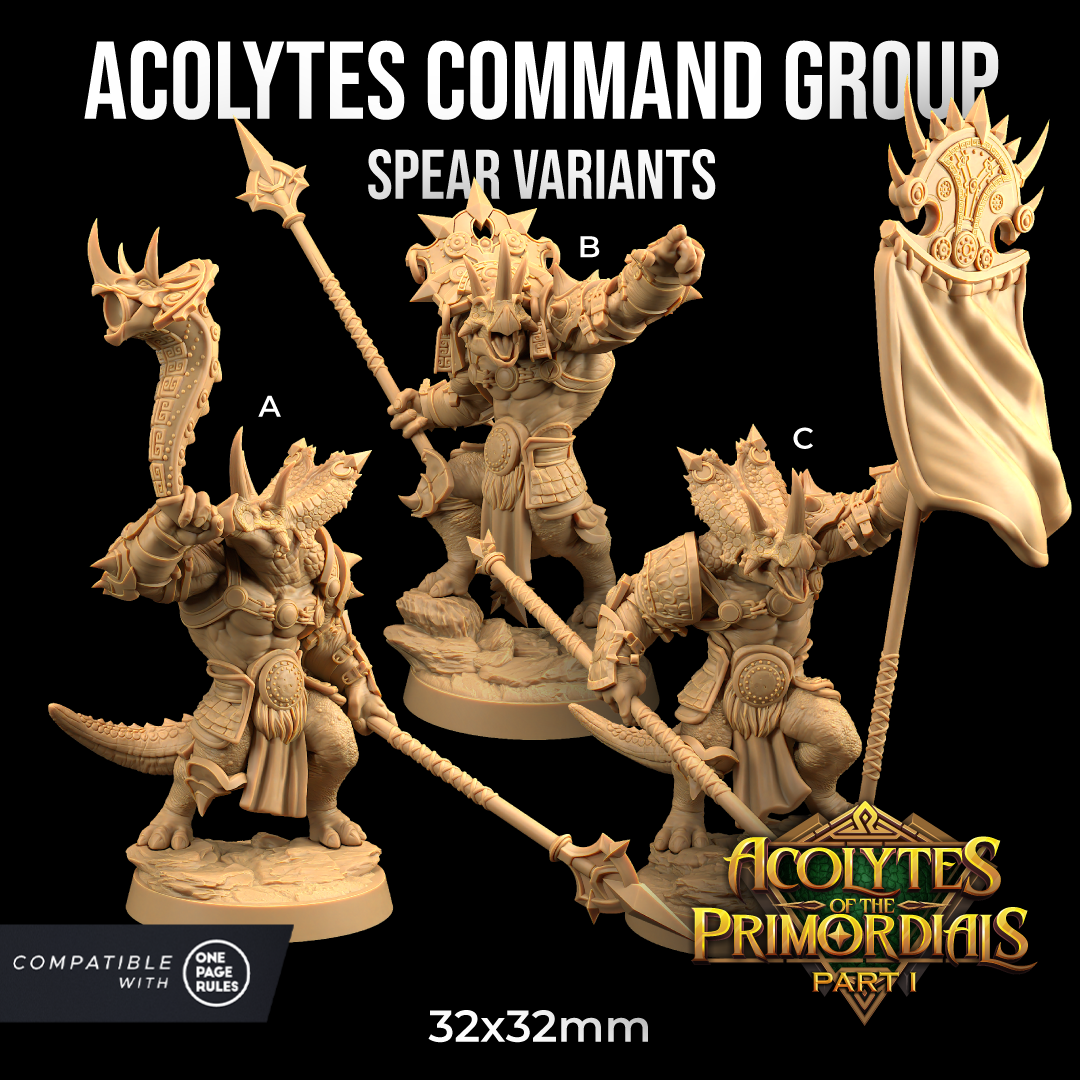 Image shows 3D renders of three different sculpt pose options for a triceratops warrior gaming miniature each holding a spear; also they are holding a horn, a flag and pointing, respectively
