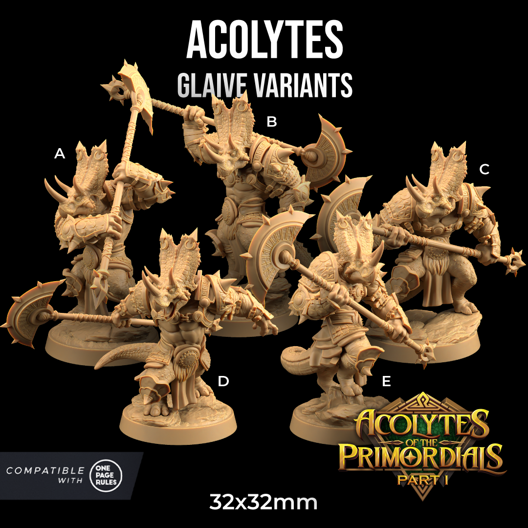Image shows 3D renders of five different sculpt pose options for a triceratops warrior gaming miniature holding a glaive