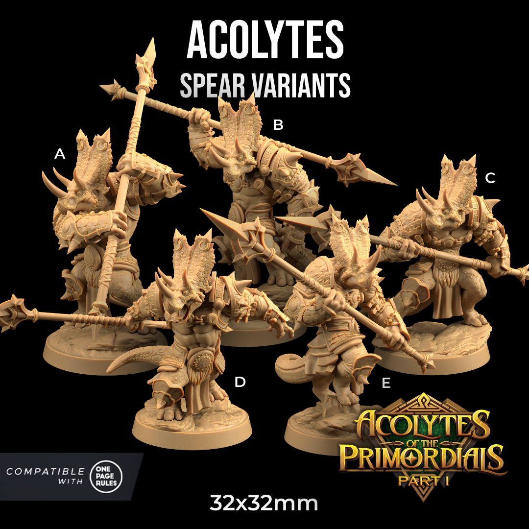 Image shows 3D renders of five different sculpt pose options for a triceratops warrior gaming miniature holding a spear