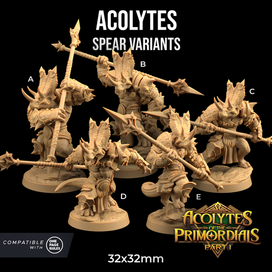 Image shows 3D renders of five different sculpt pose options for a triceratops warrior gaming miniature holding a spear