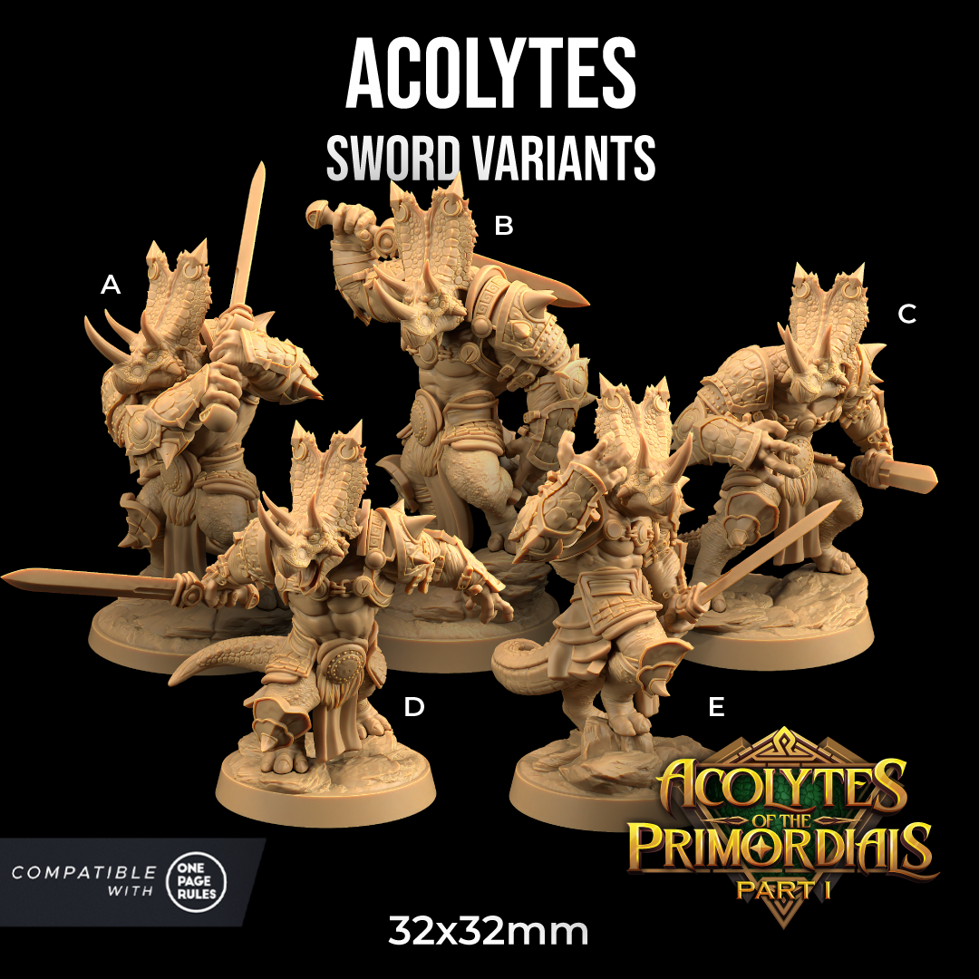 Image shows 3D renders of five different sculpt pose options for a triceratops warrior gaming miniature holding a sword