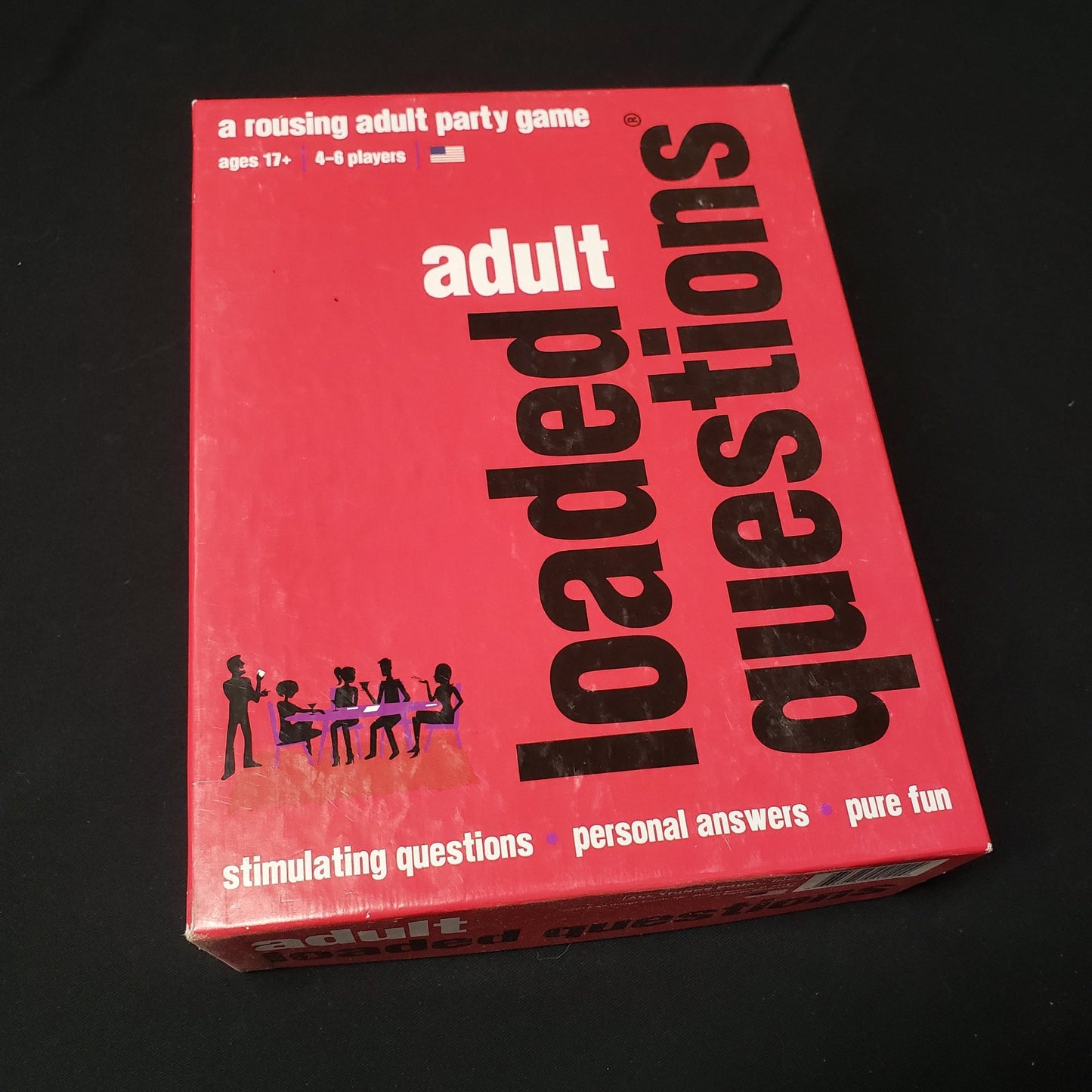 Image shows the front cover of the box of the Adult Loaded Questions party game