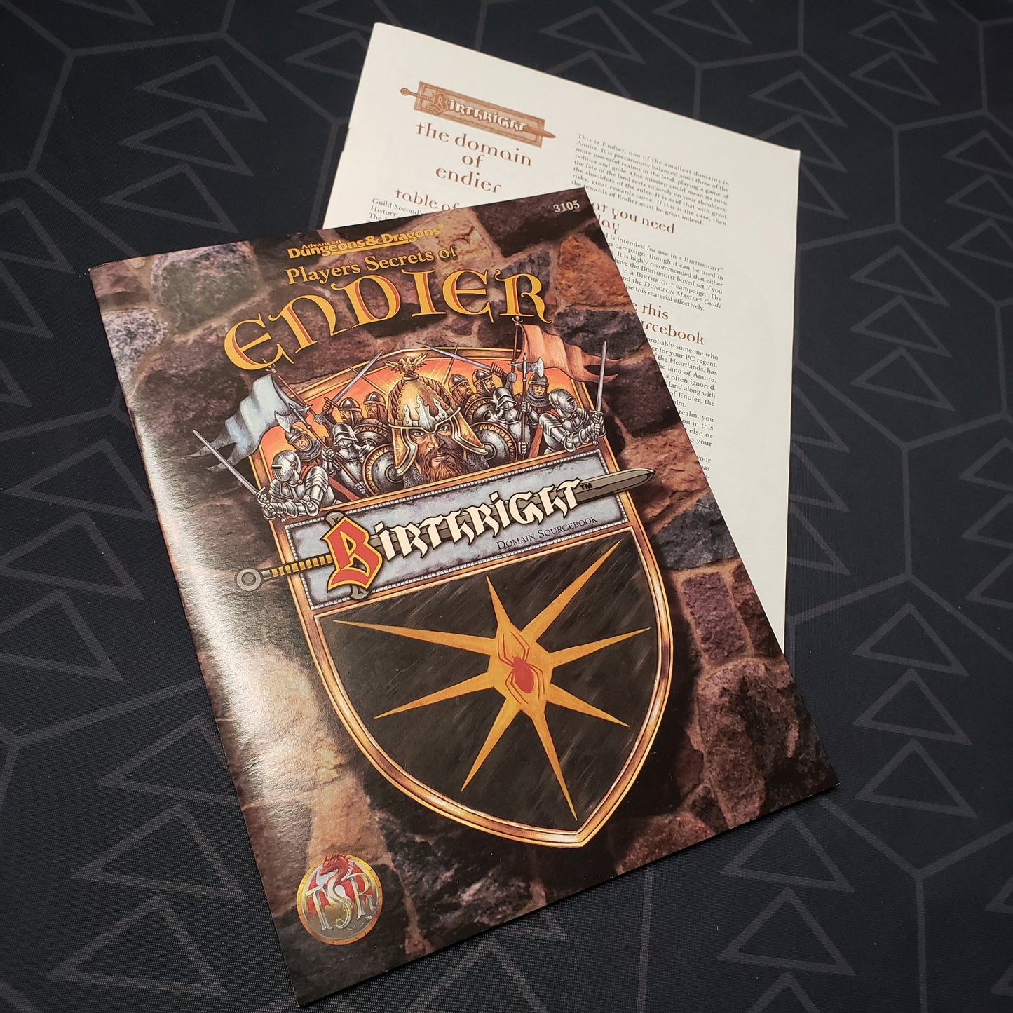 Image shows the front cover of the folio for the Birthright: Player's Secrets of Endier adventure module for the roleplaying game Advanced Dungeons & Dragons 1E with the booklet fanned out