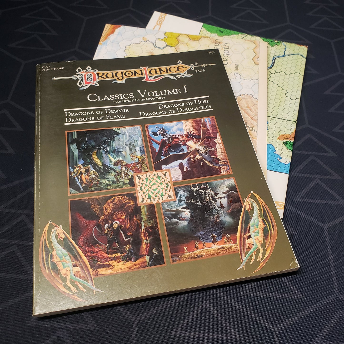 Image shows the front cover of the folio for the Dragonlance: Classics Volume 1 adventure module for the roleplaying game Advanced Dungeons & Dragons: First Edition, with the map inserts fanned out