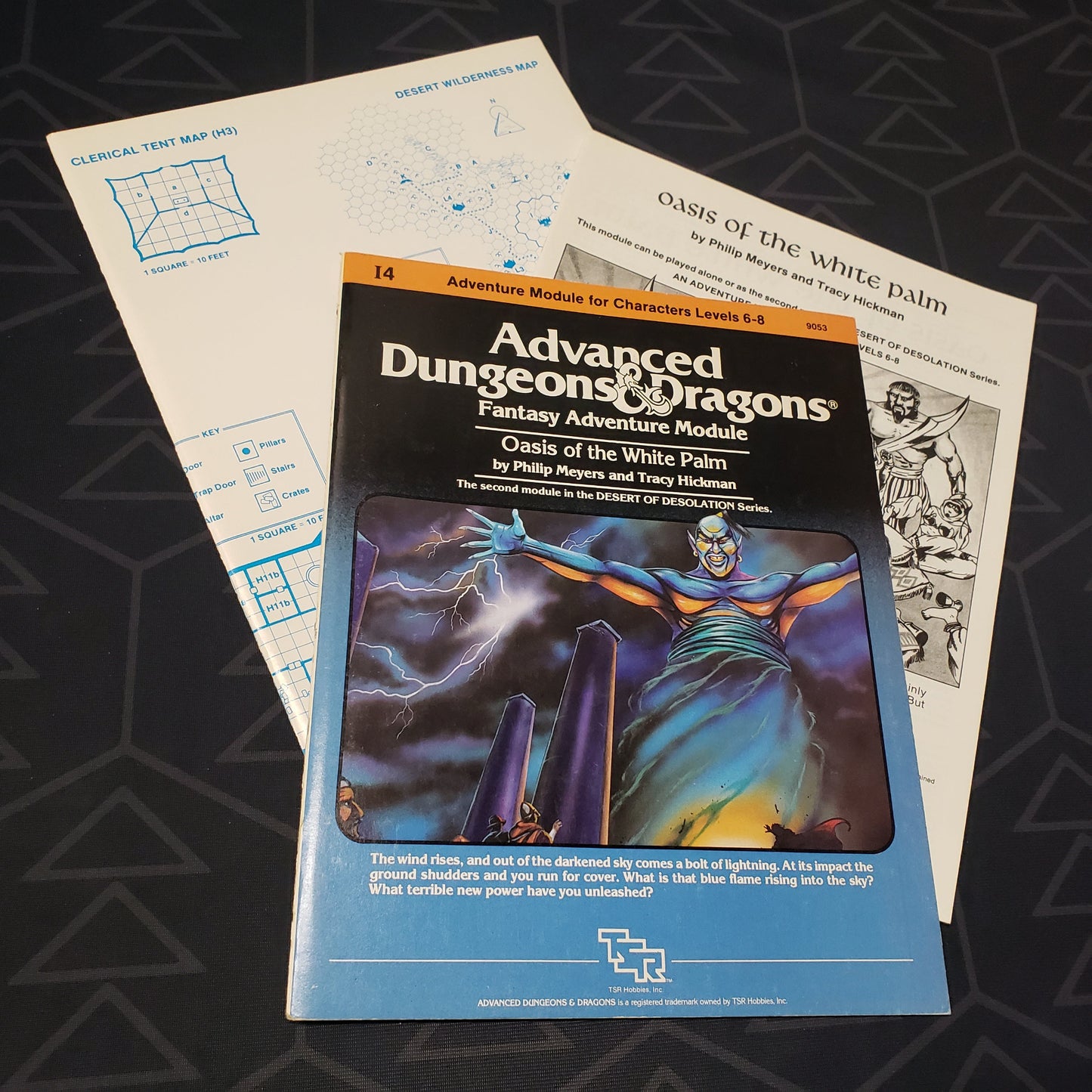 Image shows the front cover of the folio for the Oasis of the White Palm adventure module for the roleplaying game Advanced Dungeons & Dragons 1E with the booklet & map fanned out