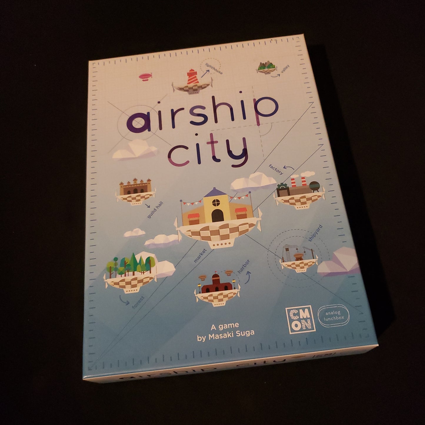Image shows the front cover of the box of the Airship City board game