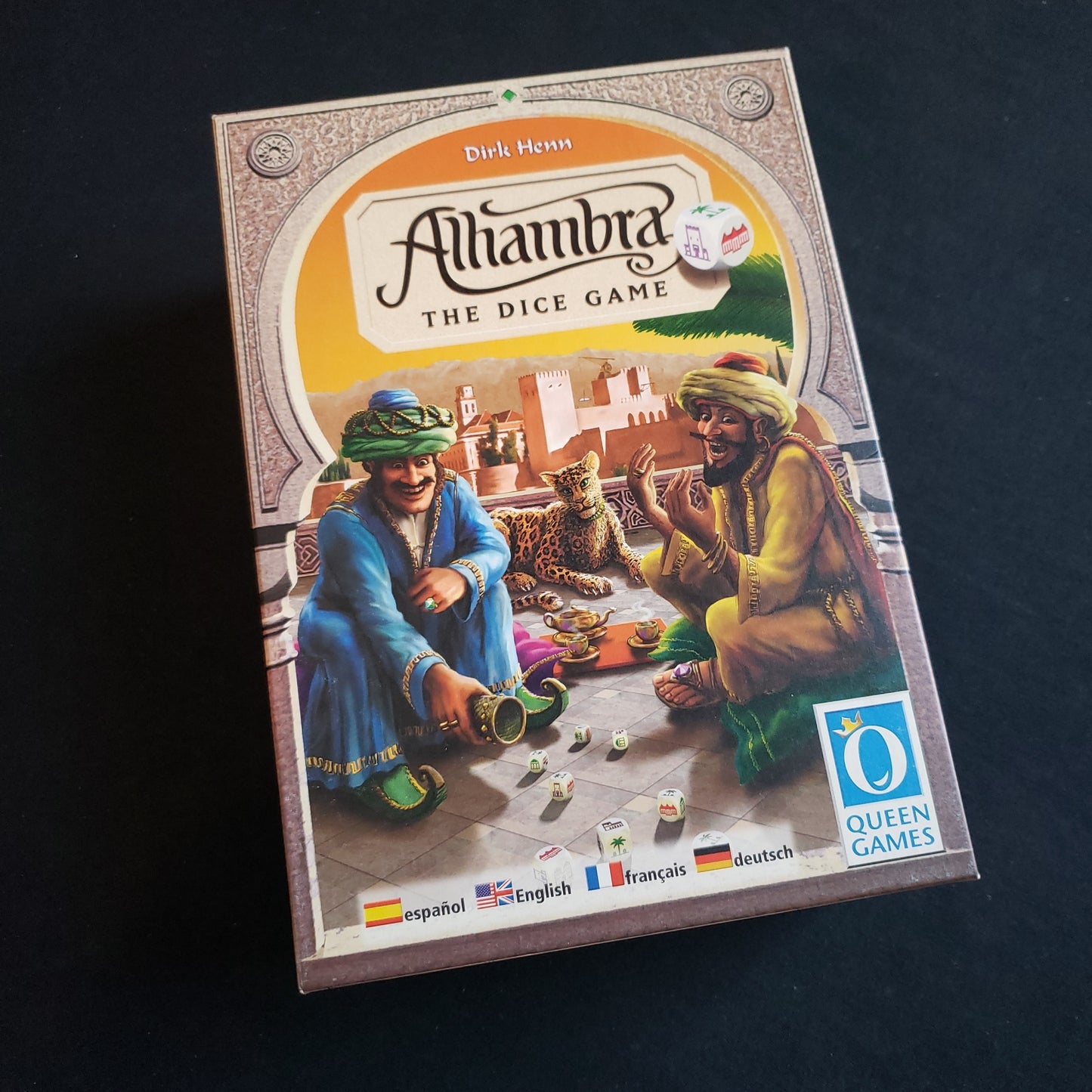Image shows the front cover of the box of Alhambra: The Dice Game