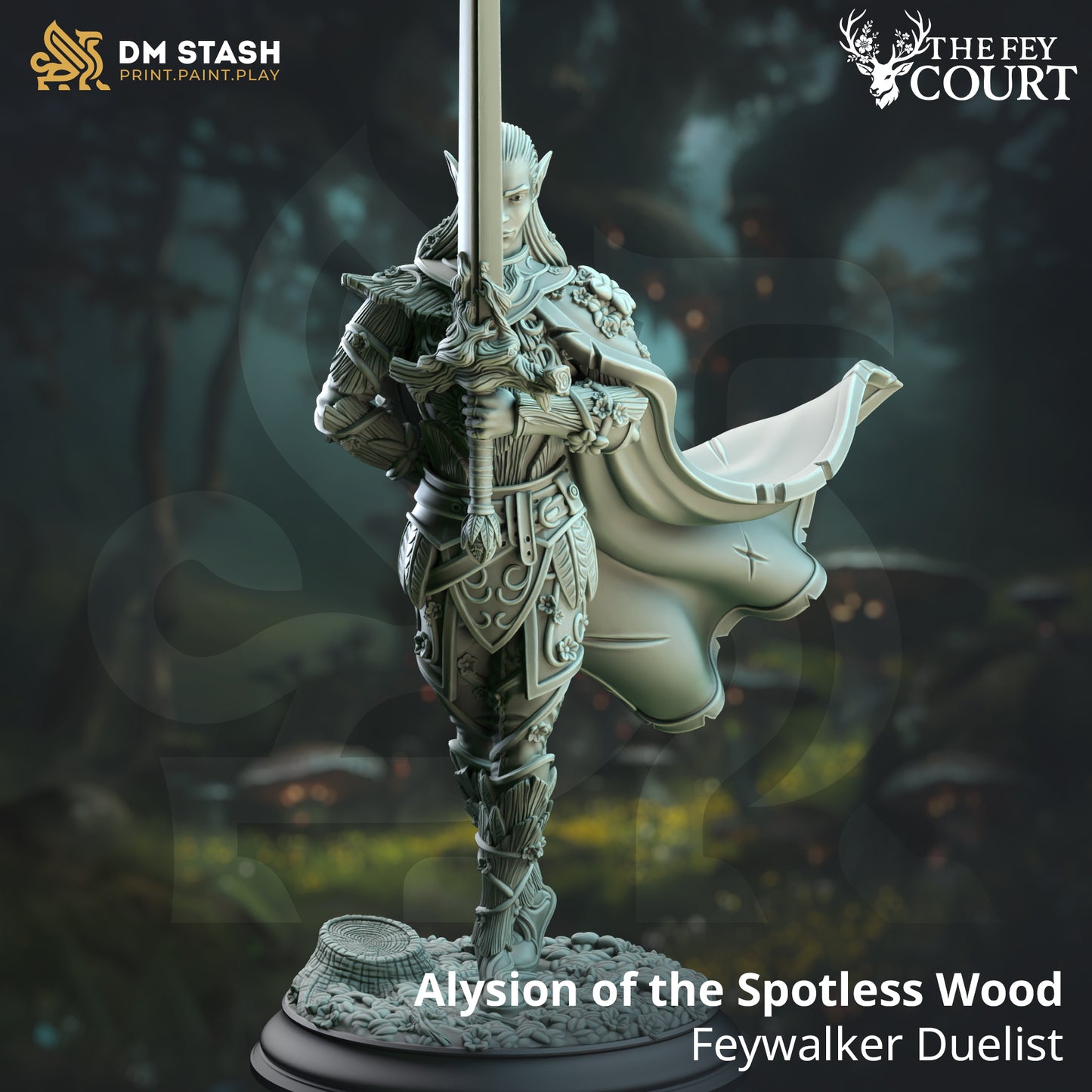 Image shows a 3D render of a elf duelist gaming miniature.