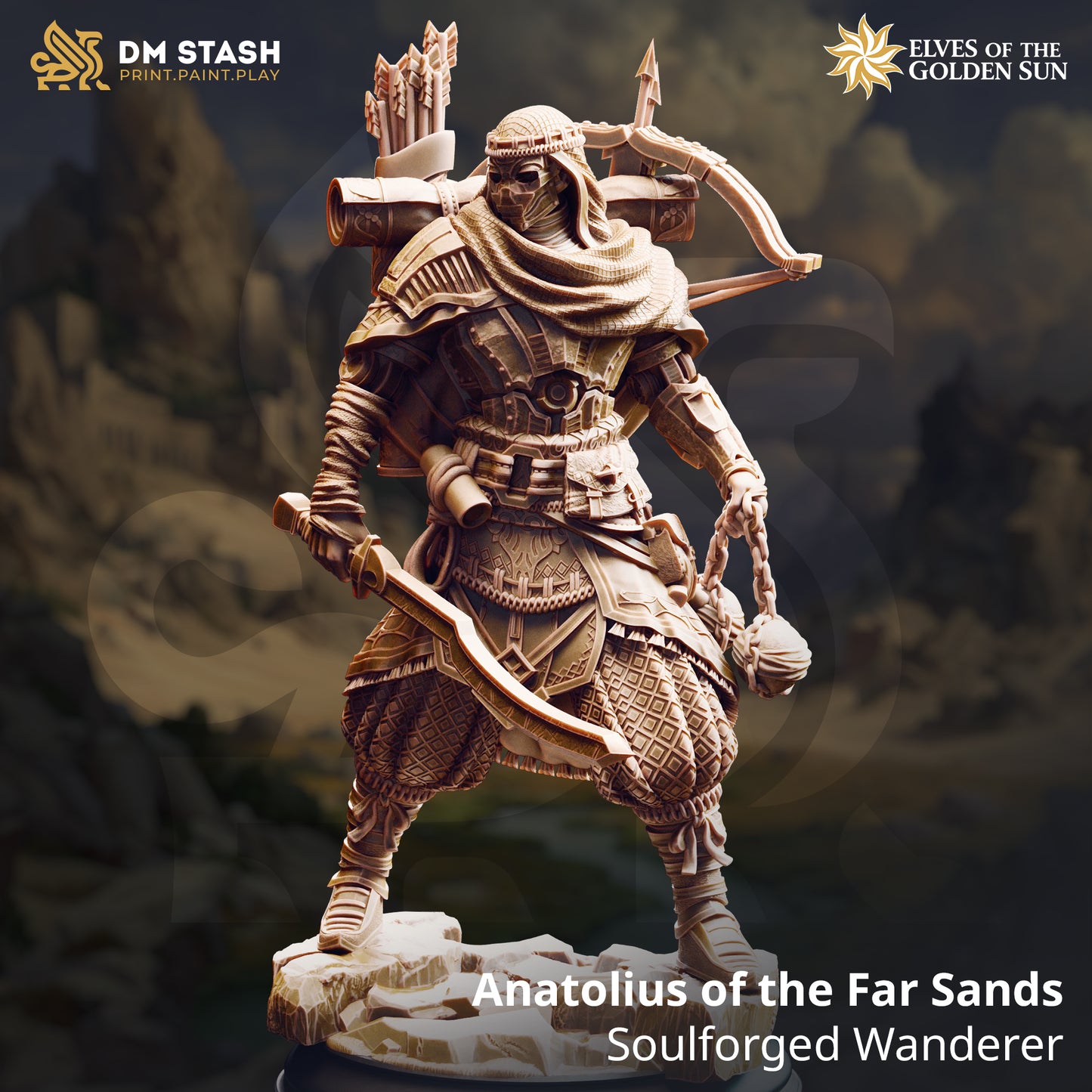 Image shows a 3D render of a warforged nomad gaming miniature.