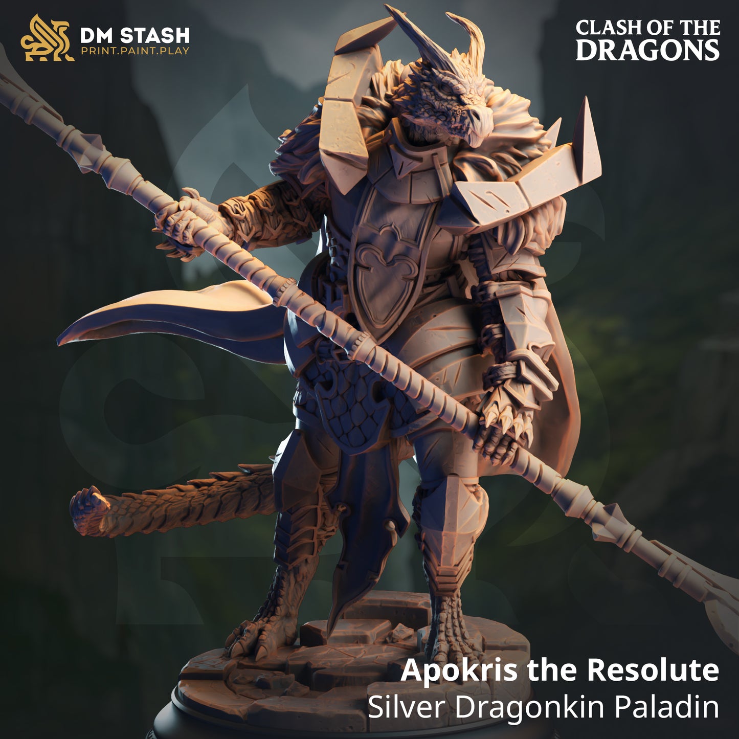 Image shows a 3D render of a dragonborn paladin gaming miniature.