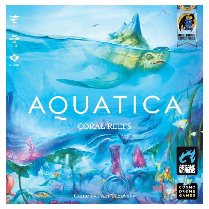 Image shows the front cover of the box of the Coral Reefs expansion for the board game Aquatica