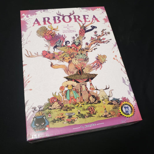 Image shows the front cover of the box of the Arborea board game