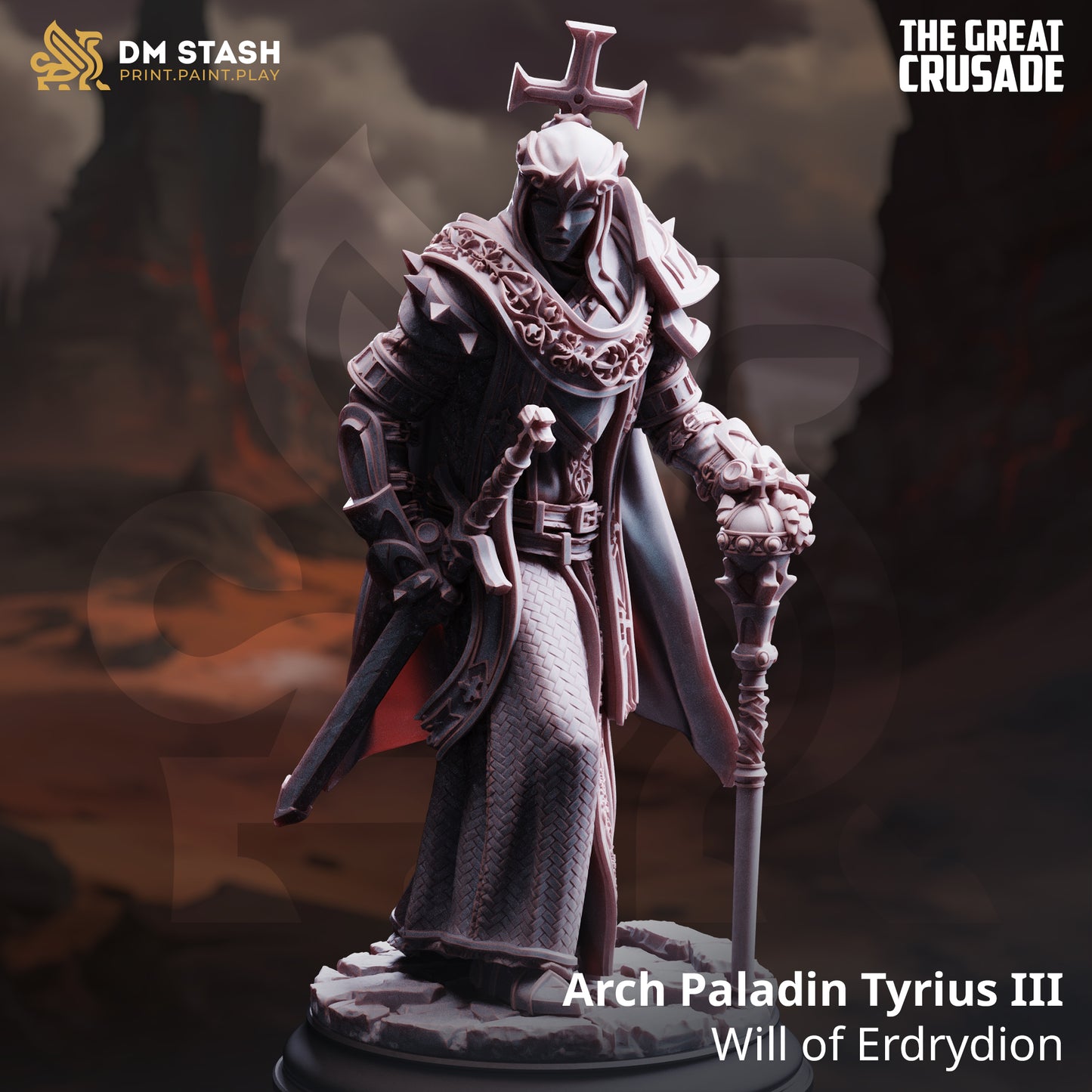 Image shows a 3D render of a human paladin gaming miniature.