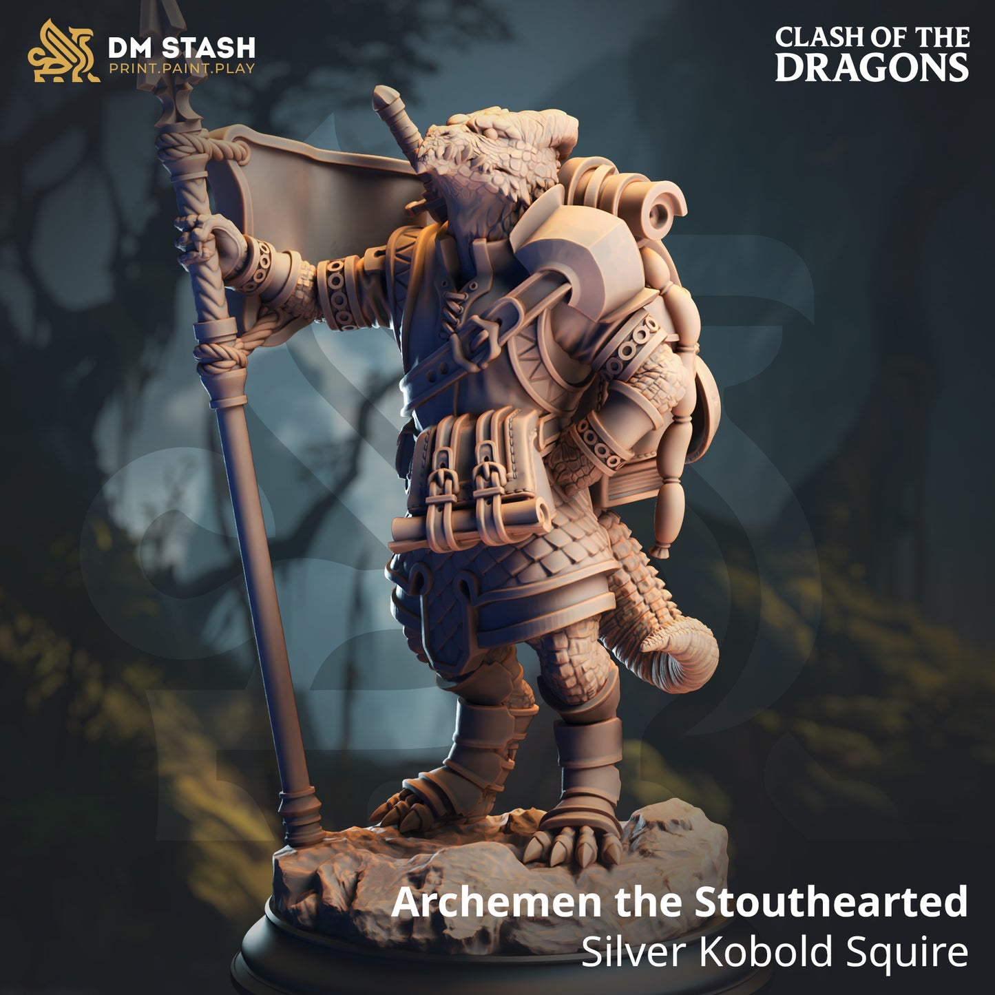 Image shows a 3D render of a kobold cleric gaming miniature.