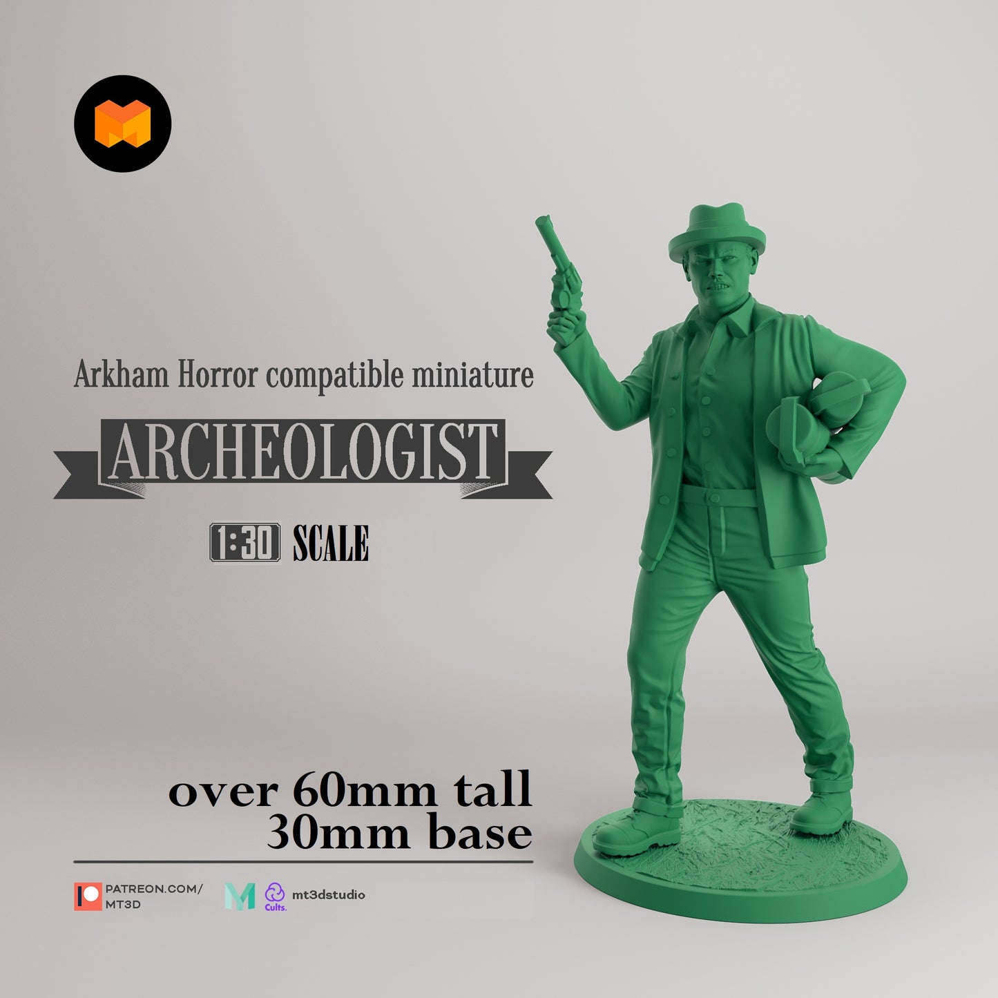 Image shows a 3D render of a 1920s era adventuring archeologist gaming miniature.