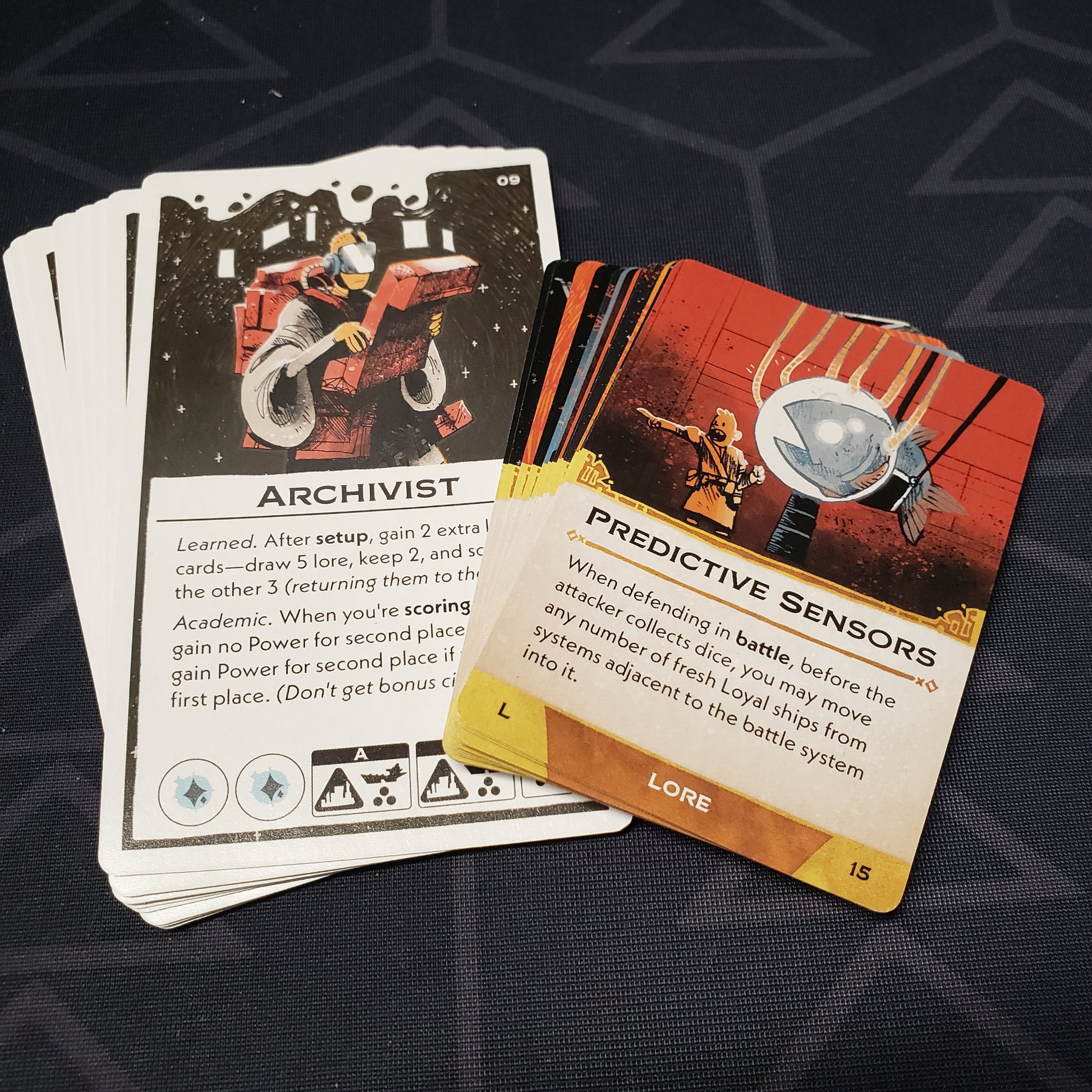 Image shows the fanned out cards for the Leaders & Lore expansion for the board game Arcs