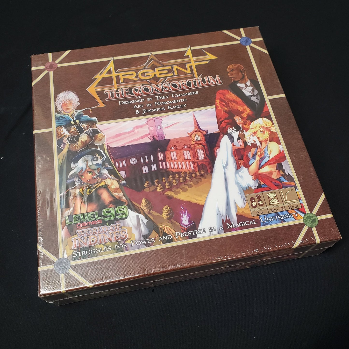 Image shows the front cover of the box of the Argent: The Consortium board game