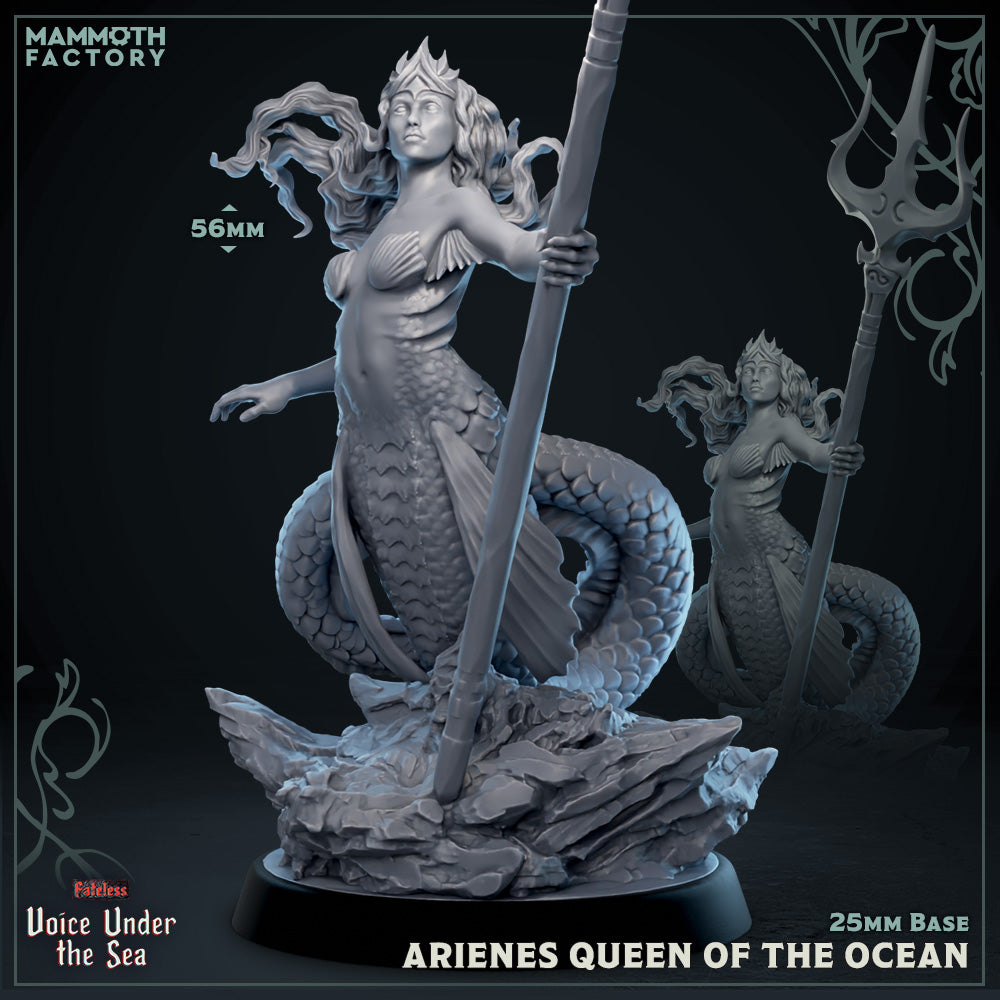 Image shows a 3D render of a mermaid queen gaming miniature.