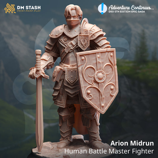 Image shows a 3D render of a human fighter gaming miniature holding a large sword & shield