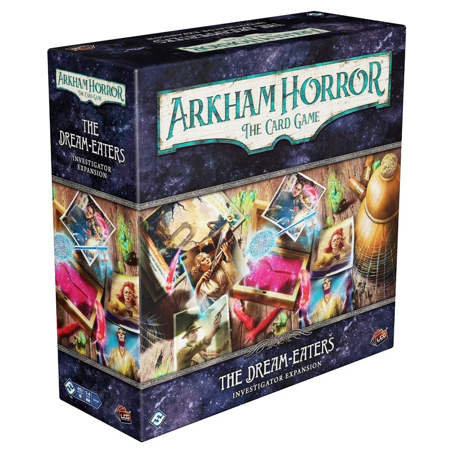 Image shows the front of the package for the Dream-Easters Investigator expansion for the Arkham Horror card game