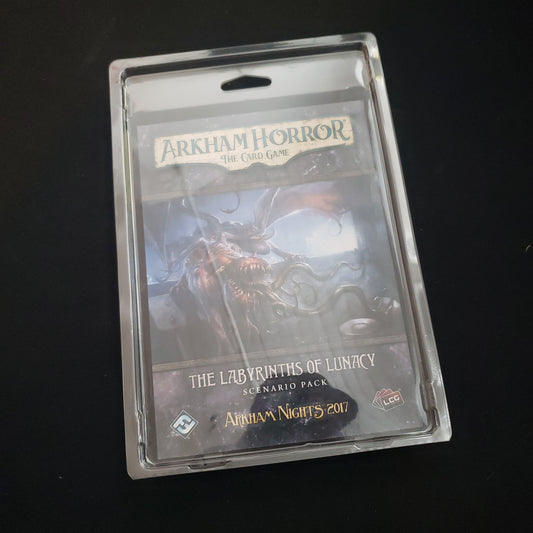 Image shows the front of the package for the Labyrinths of Lunacy Scenario Pack for the Arkham Horror card game