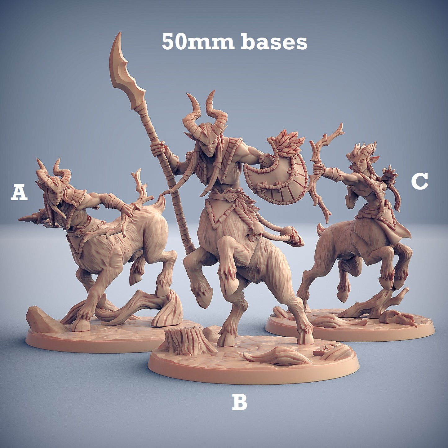 Image shows 3D renders for three different sculpt options of a horned centaur warrior gaming miniature.