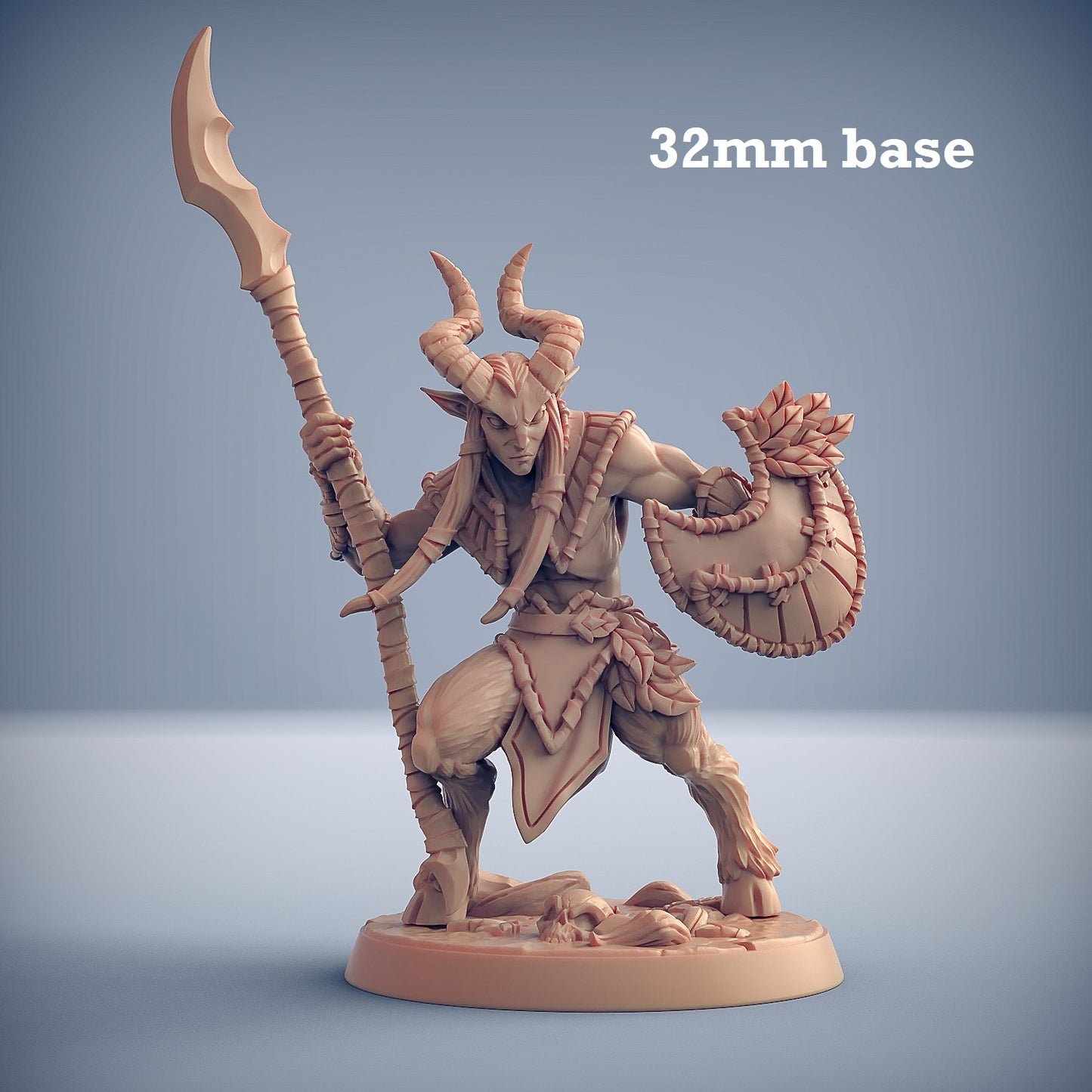 Image shows a 3D render of a faun warden gaming miniature.