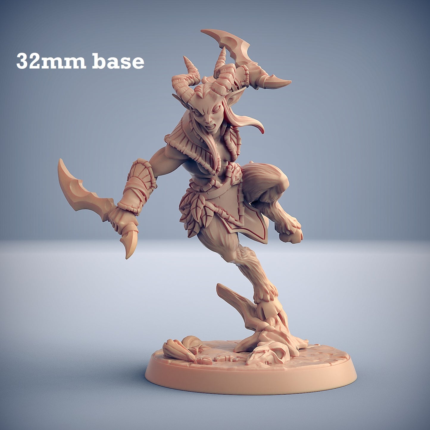 Image shows a 3D render of a faun assassin gaming miniature.