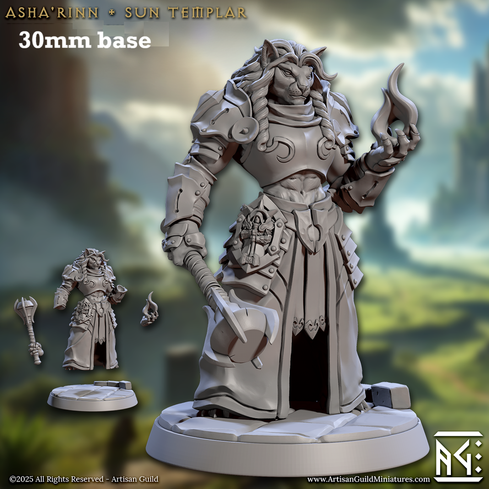 Image shows av3D render of r a leonin paladin gaming miniature.