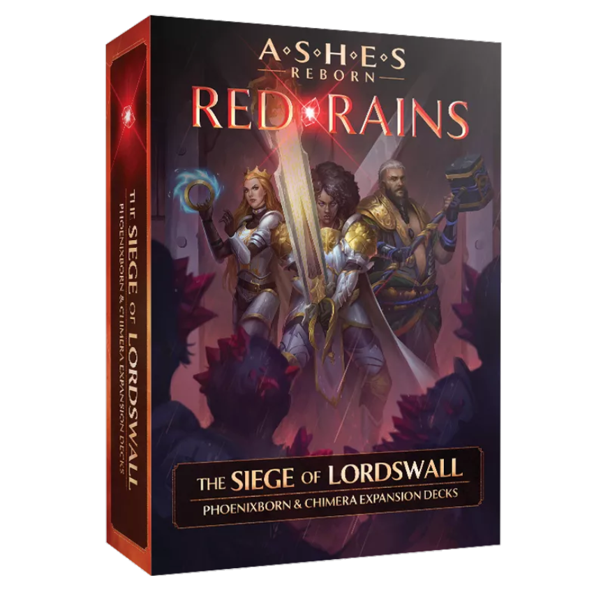 Image shows the front cover of the box of the Red Rains: the Siege of Lordswall expansion for the card game Ashes Reborn