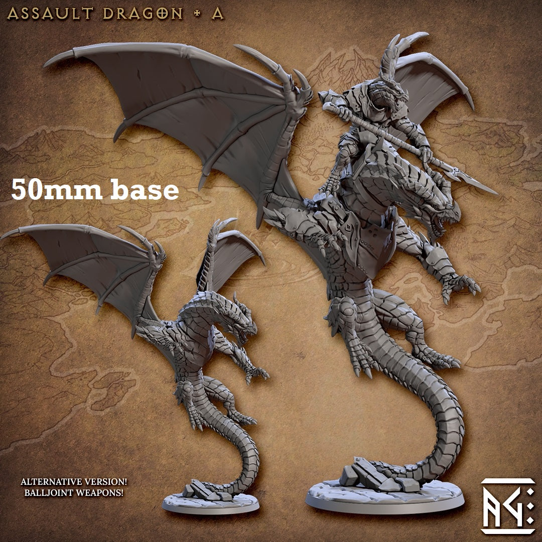 Image shows 3D renders of two sculpt options for a dragon gaming miniature. one with a dragonborn rider and the other without.