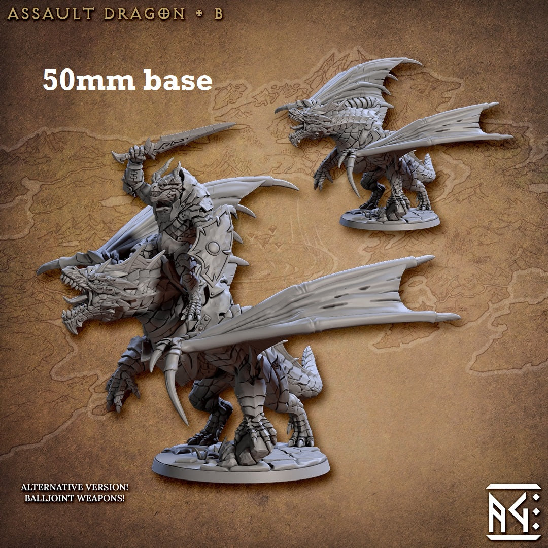 Image shows 3D renders of two sculpt options for a dragon gaming miniature. one with a dragonborn rider and the other without.