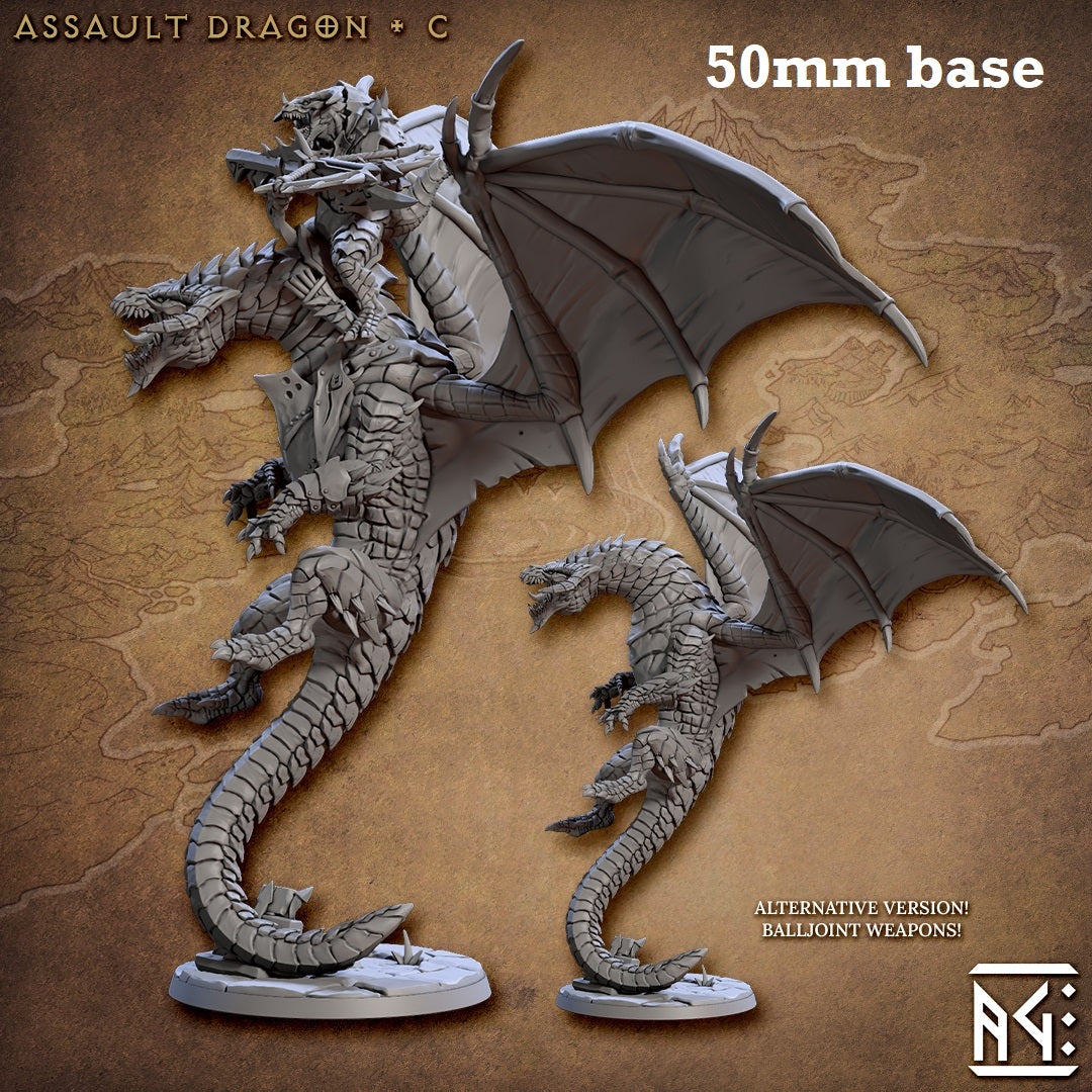 Image shows 3D renders of two sculpt options for a dragon gaming miniature. one with a dragonborn rider and the other without.