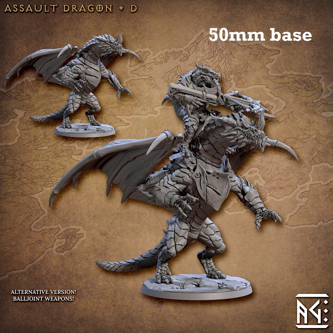 Image shows 3D renders of two sculpt options for a dragon gaming miniature. one with a dragonborn rider and the other without.