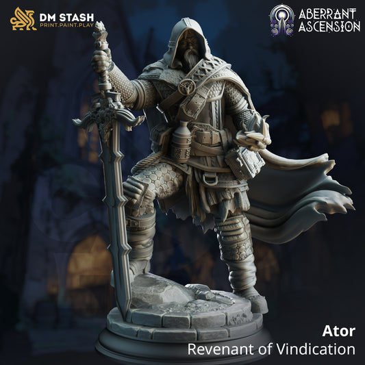 Image shows a 3D render of an undead ranger gaming miniature, holding a large sword in one hand and conjuring a spell with the other