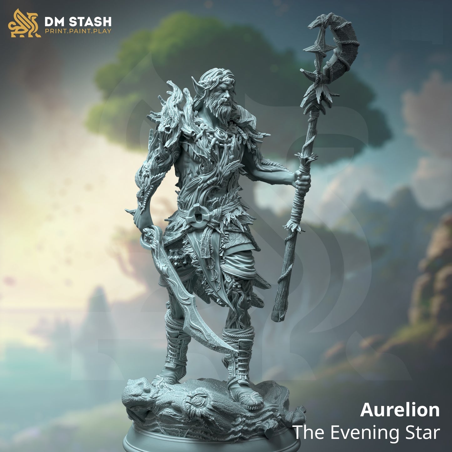 Image shows a 3D render of a half-elf druid gaming miniature holding a crescent moon staff in one hand and a sword in the other