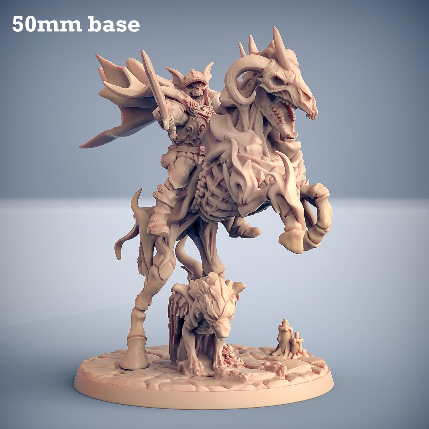 Image shows a 3D render or a skeleton warrior riding a demic horse gaming miniature