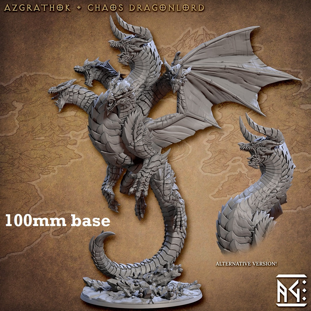 Image shows 3D renders of two sculpt options for a dragon gaming miniature, one with five heads and the other with a single head