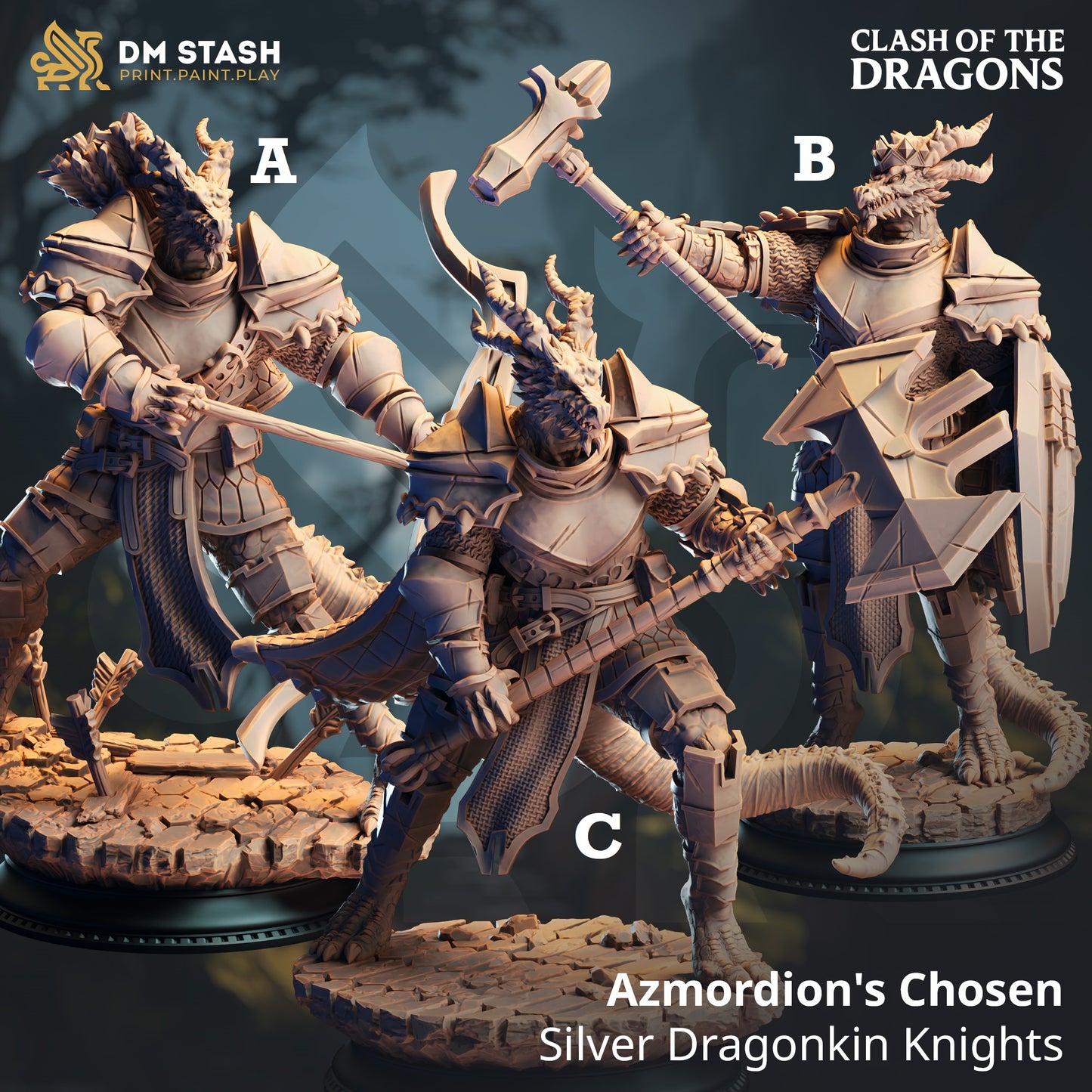 Image shows 3D renders for three different sculpt options of a dragonborn knight gaming miniature.