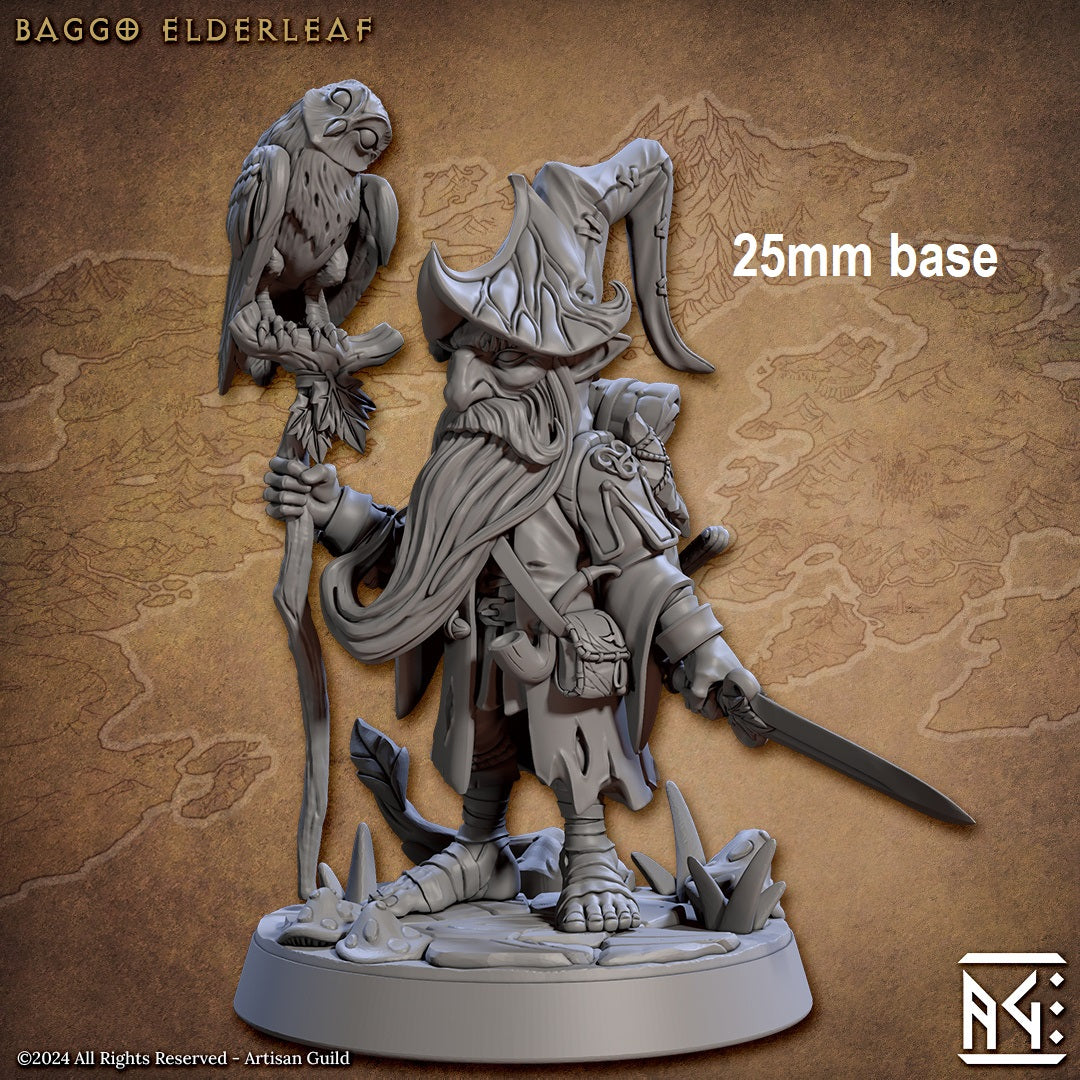 Image shows a 3D render for a gnome wizard gaming miniature, holding a sword & a staff with an owl sitting on it