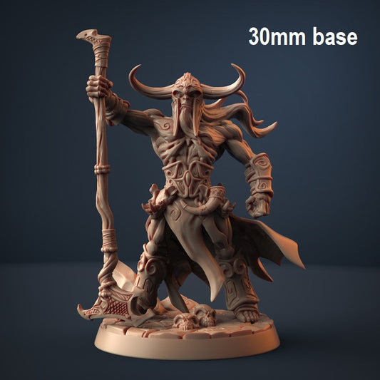 Image shows an 3D render of an undead barbarian gaming miniature holding a large club