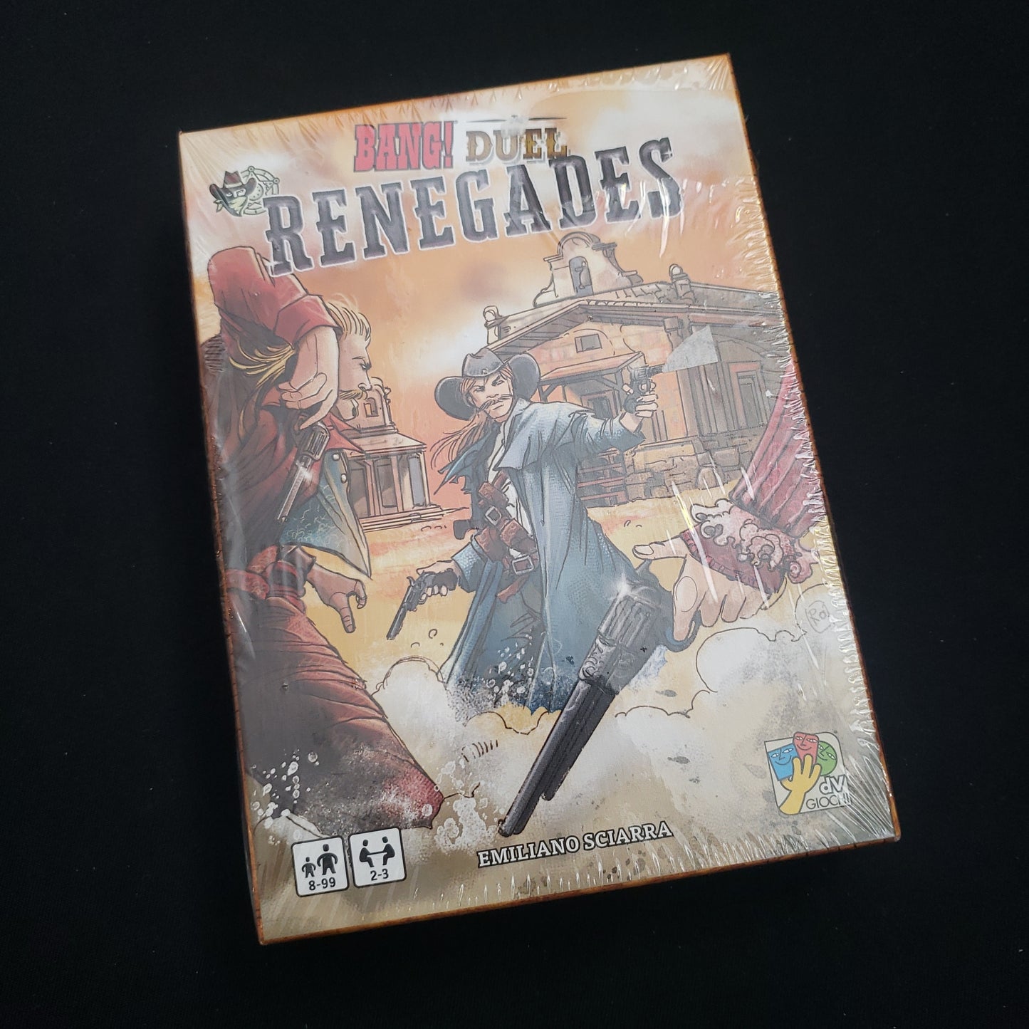 Image shows the front cover of the box of the Renegades expansion for the card game BANG!: The Duel.