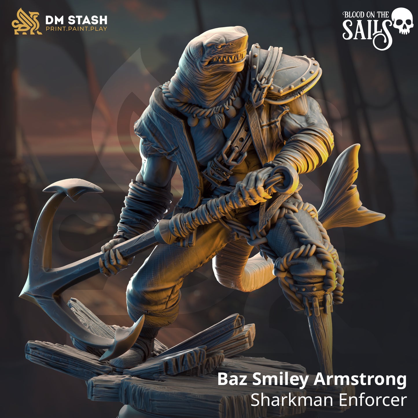 Image shows a 3D render of a sharkfolk pirate gaming miniature.